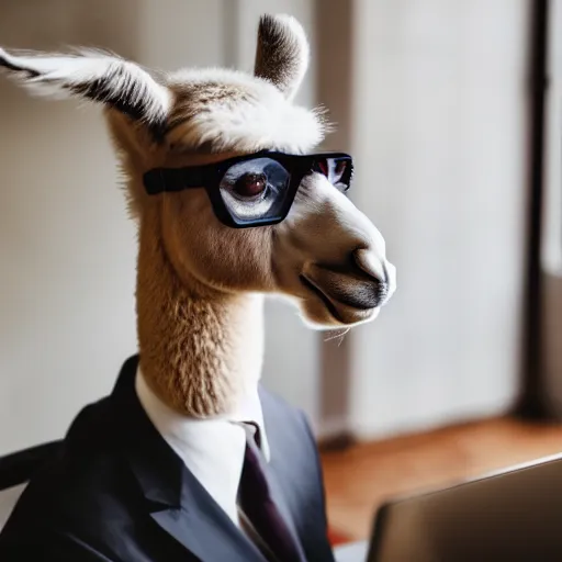 Image similar to photo of Llama in an office, wearing a suit and spectacles, looking at a computer, coffee mug, 50mm, beautiful photo