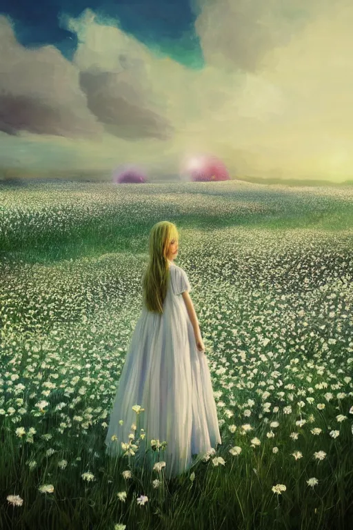 Image similar to giant white daisy flower veil, girl standing in a flower field, surreal photography, sunrise, dramatic light, impressionist painting, colorful clouds, digital painting, artstation, simon stalenhag