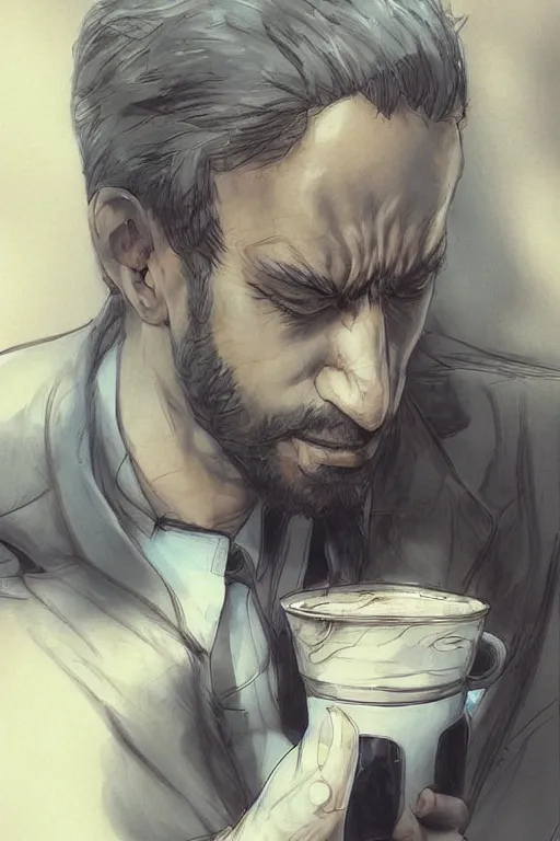 Image similar to a persian man drinking coffee from a paper cup at his work cubicle, by artgerm and yoshitaka amano, trending on artstation