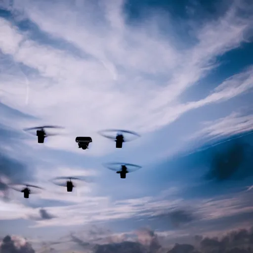 Image similar to cinematic areal shot of three drones flying through the clouds