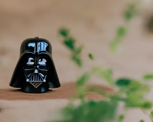 Image similar to 8 5 mm photography of darth vader as an avocado near a garden with sand with dof and bokeh and flowers