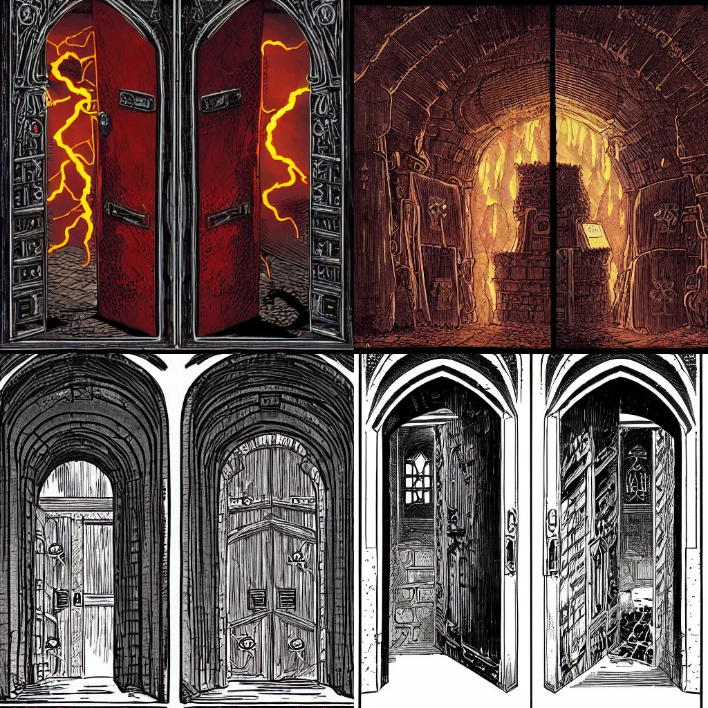 Prompt: Intricate illustration of Two doors in the dungeon one with a symbol of fire and one with a symbol of lightning, dark, wide angle, dungeons and dragons, yoshitaka Amano, moebius, mike mignola