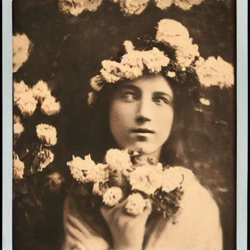 Image similar to woman covered in flowers, 1910 polaroid photography,