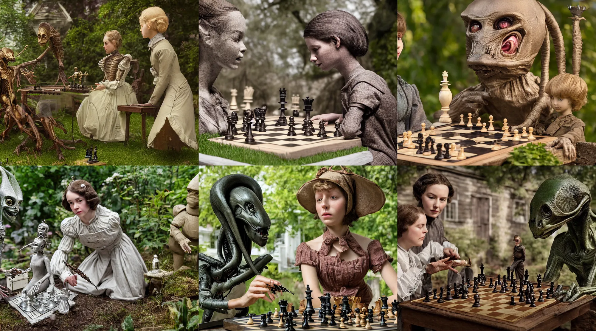 Prompt: detailed, sharp, a girl with short hair, playing chess with her pet humanoid alien creature, wearing 1860s era clothes, in the garden of a house on an strange alien planet, extremely highly detailed, hyperrealistic, highly detailed faces, 70 mm still from a period sci fi movie, 4k