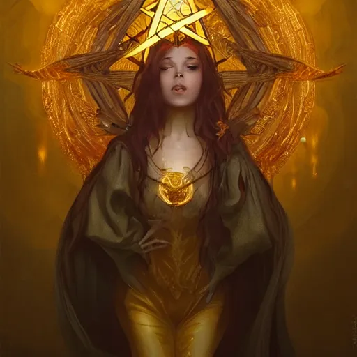 Prompt: a beautiful witch in golden clothes standing inside a pentagram, summoning a powerful demon, artstation, colorful, detailed, fantasy digital art, beautiful composition, masterpiece, artstation by wlop and ross tran and greg rutkowski
