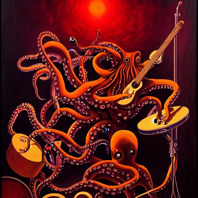 Image similar to a beautiful painting by gerald brom of a couple of octopus playing drums and telecaster guitar in an electronic concert, black background, concert light, dark mood, warm lights