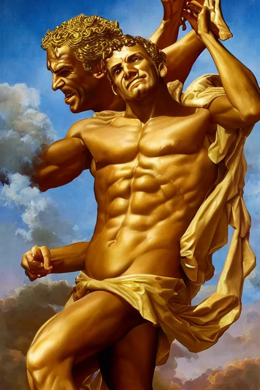 Image similar to emmanuel macron as the god of golden peace by thomas blackshear