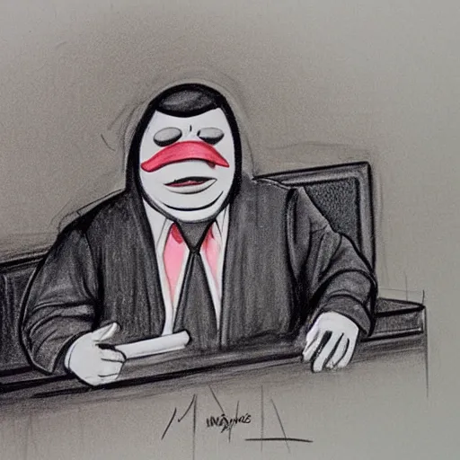 Image similar to courtroom sketch of the mcdonald ’ s character grimace sitting in the witness stand looking fearful