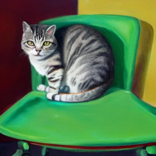 Image similar to a lonely cat laying on a green chair, oil painting