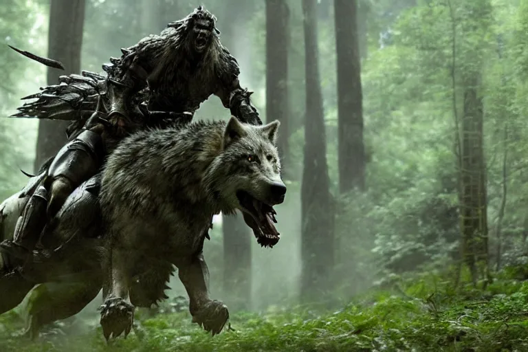 Image similar to vfx movie closeup detailed ancient armored warrior orc hunting riding large wolf in the forest, natural lighting by emmanuel lubezki