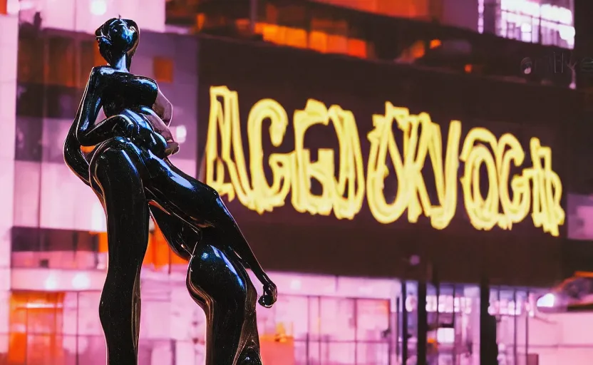 Image similar to night time photo of billboard advertisement of extremely beautiful female black marble statue in the style of virgil abloh, colorful motocross logos behind her, sharp focus, clear, detailed,, cinematic, detailed, off white, glamourous, symmetrical, vogue, editorial, fashion, magazine shoot, glossy