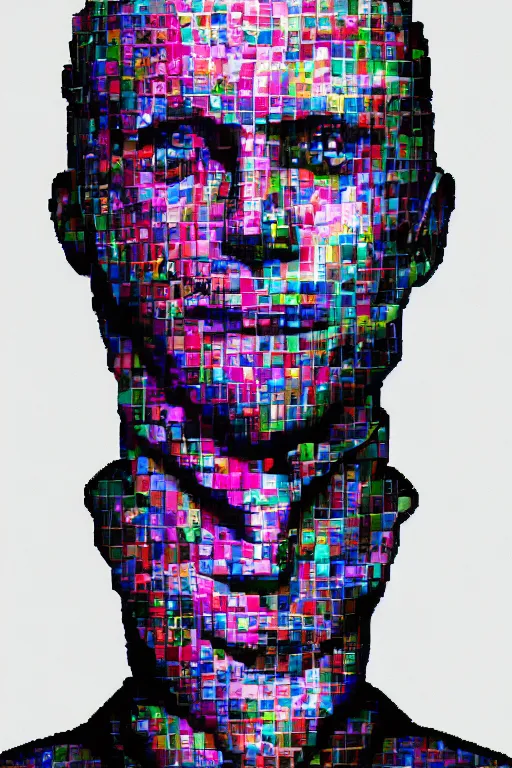 Image similar to man made of glitch art wearing a suit, game character, portrait, realism