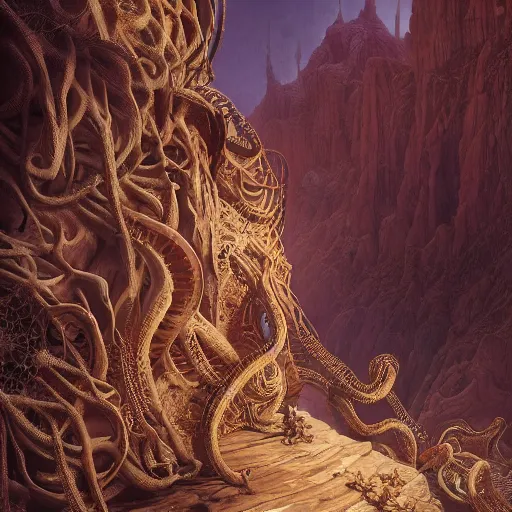 Image similar to desert crinoid maximalist art nouveau, cgsociety, artstation by gustave dore and tyler edlin