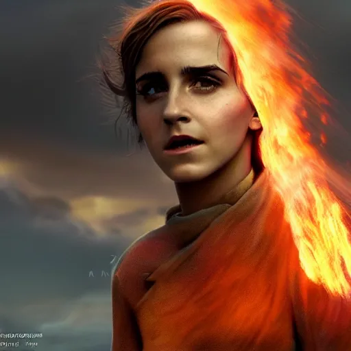 Image similar to A highly detailed 4K fantasy matte painting of Emma Watson on fire portrait. zdzislaw beksinski, ArtStation, CGSociety, Unreal Engine