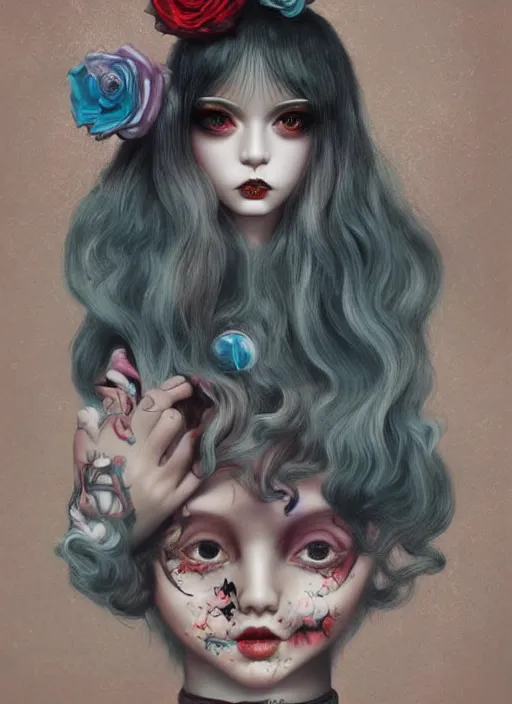 Image similar to pop surrealism, lowbrow art, realistic cute girl painting, japanese street fashion, hyper realism, muted colours, rococo, natalie shau, loreta lux, tom bagshaw, mark ryden, trevor brown style,