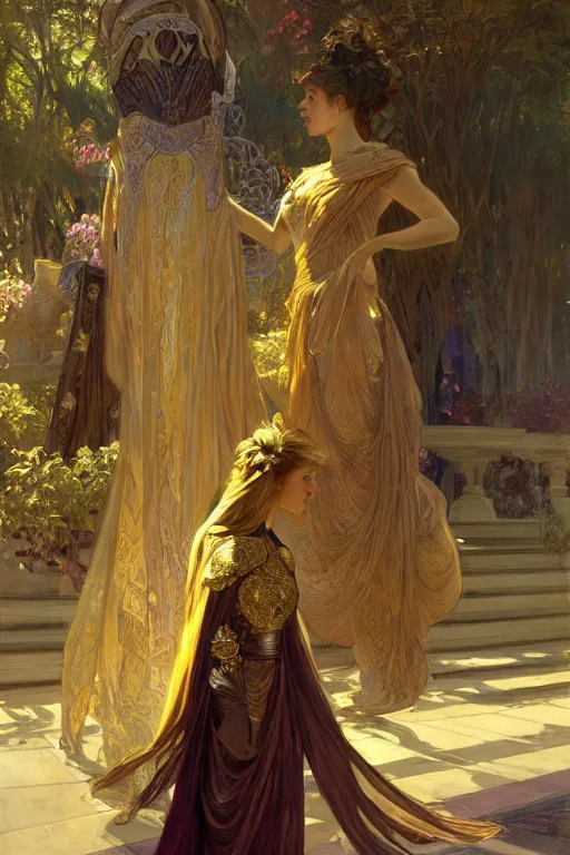 Prompt: a girl emperor being escorted by shadow guards wears long golden flowing robes, an ostentatious palace and garden are seen in the background. by jeremy mann and alphonse mucha, fantasy art, photo realistic, dynamic lighting, artstation, poster, volumetric lighting, very detailed anatomy and faces, 4 k, award winning