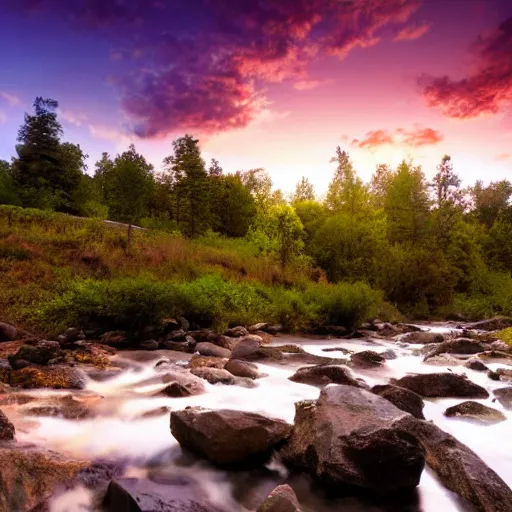 Image similar to a beautiful landscape, river, rocks, trees, volumetric lighting