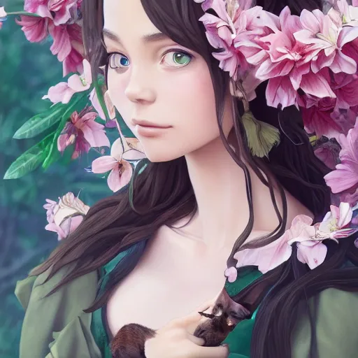 Image similar to a stunning portrait of an olive - skinned witch with cat ears wearing an ornate flower dress, by makoto shinkai, wlop, andrei riabovitchev, sakimichan, summer vibes, very coherent symmetrical artwork, perfect face, studio lighting, smooth, sharp focus, 4 k, masterpiece, trending on artstation