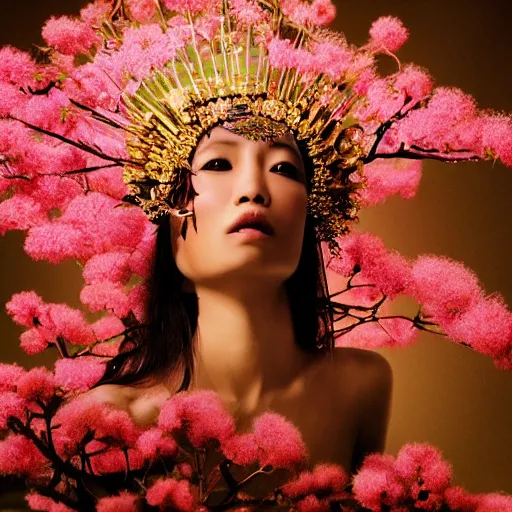 Image similar to photography of the asian queen sitting in the flower thorn, beautiful face, masterpiece costume, jewellery, high quality, elegant, emotionally touching, cool, deep gaze, mystery, tenderness kenneth willardt style