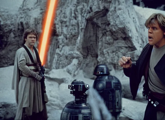 Prompt: epic screenshot portrait of Luke Skywalker arguing with Han Solo, marble temple, iconic scene from the force awakens, 1980s film directed by Stanley Kubrick, cinematic lighting, kodak, strange, hyper real, stunning moody cinematography, with anamorphic lenses, crisp, detailed portrait, 4k image