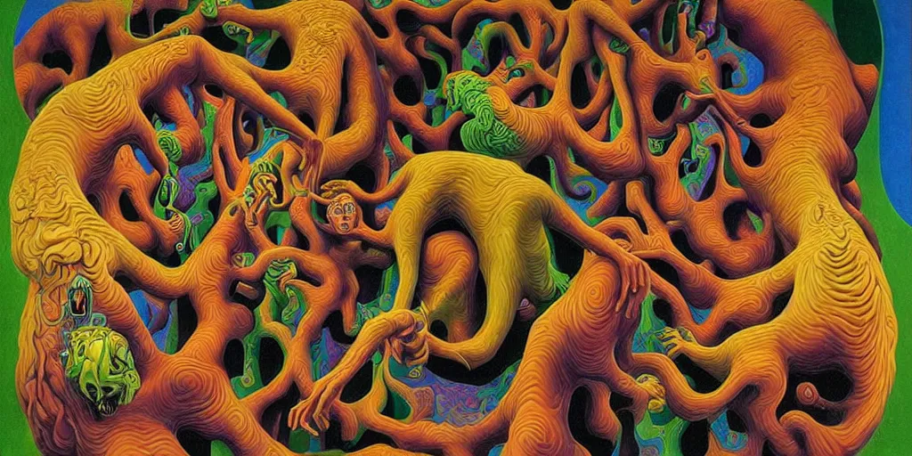 Image similar to basilisk, pain, pleasure, suffering, adventure, ( ( ( psychedelic dripping color ) ) ) love, abstract oil painting by mc escher and salvador dali gottfried helnwein