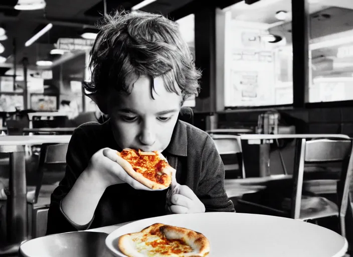 Image similar to portrait of charlie kaufman eating pizza at chuck - e - cheese with sloppy cheesy sauce, dramatic lighting, moody film still from 2 0 1 6, 3 5 mm kodak color stock, 2 4 mm lens, directed by spike jonze, ecktochrome