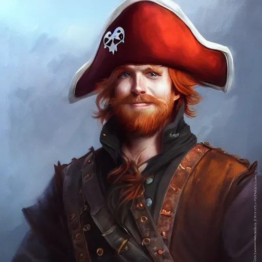 Prompt: dashing charming ginger grinning charismatic human male rogue, wearing pirate captain's tricorne hat, naval background, amazing, trending on art station, artgerm, Greg rutkowski