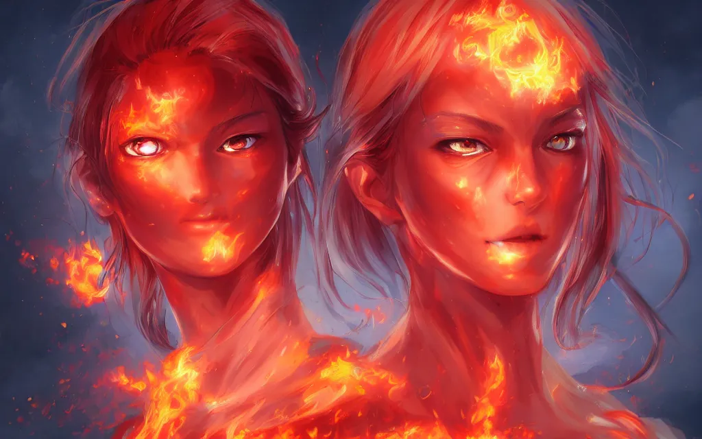 Image similar to A realistic anime portrait of a beautiful fire spirit twins with glowing red eyes and firey skin wearing clothes made of flames, digital painting, by Stanley Artgerm Lau, Sakimichan, WLOP and Rossdraws, digtial painting, trending on ArtStation, SFW version