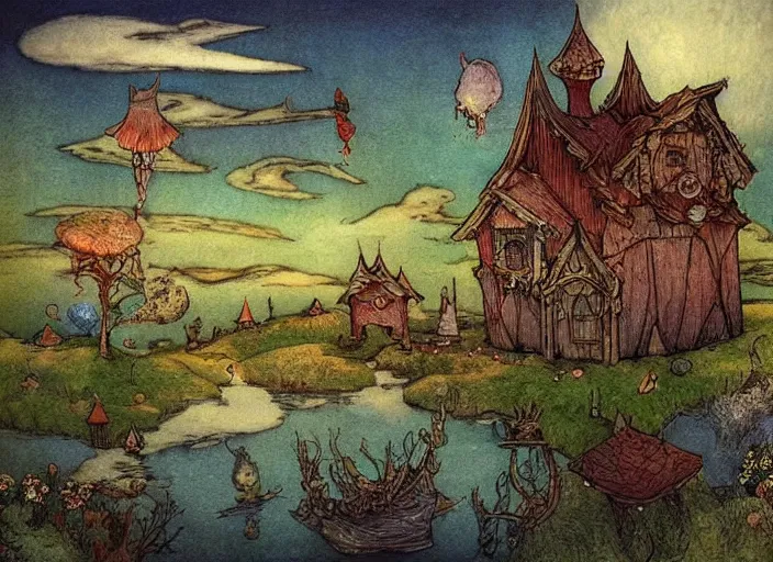 Image similar to a fantasy landscape with houses around a big lake, lowbrow in the style of alexander jansson and john bauer,