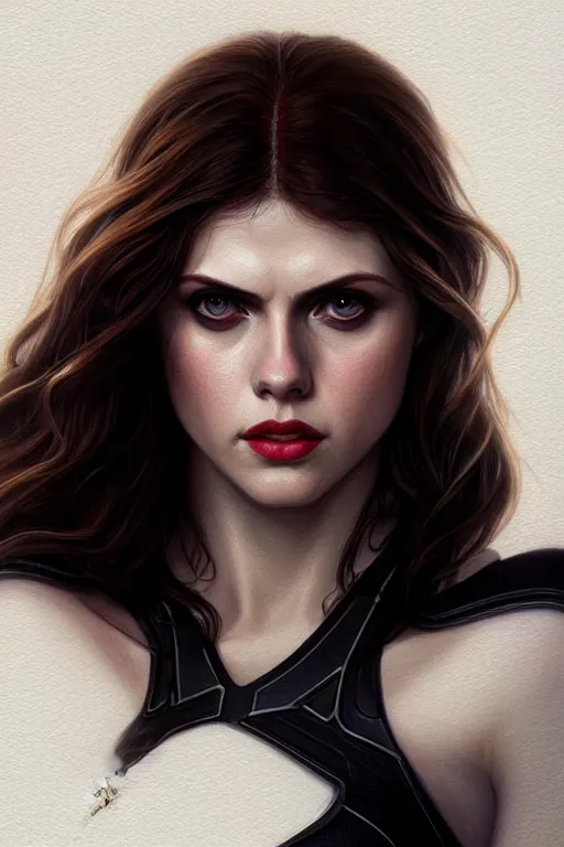 Image similar to alexandra daddario as black widow, realistic portrait, symmetrical, highly detailed, digital painting, artstation, concept art, smooth, sharp focus, illustration, cinematic lighting, art by artgerm and greg rutkowski and alphonse mucha