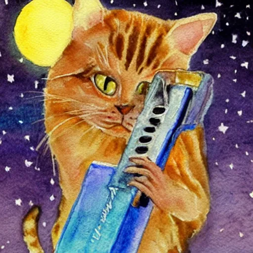 Image similar to pastel watercolor cute portrait of a cat playing the harmonica under the stars