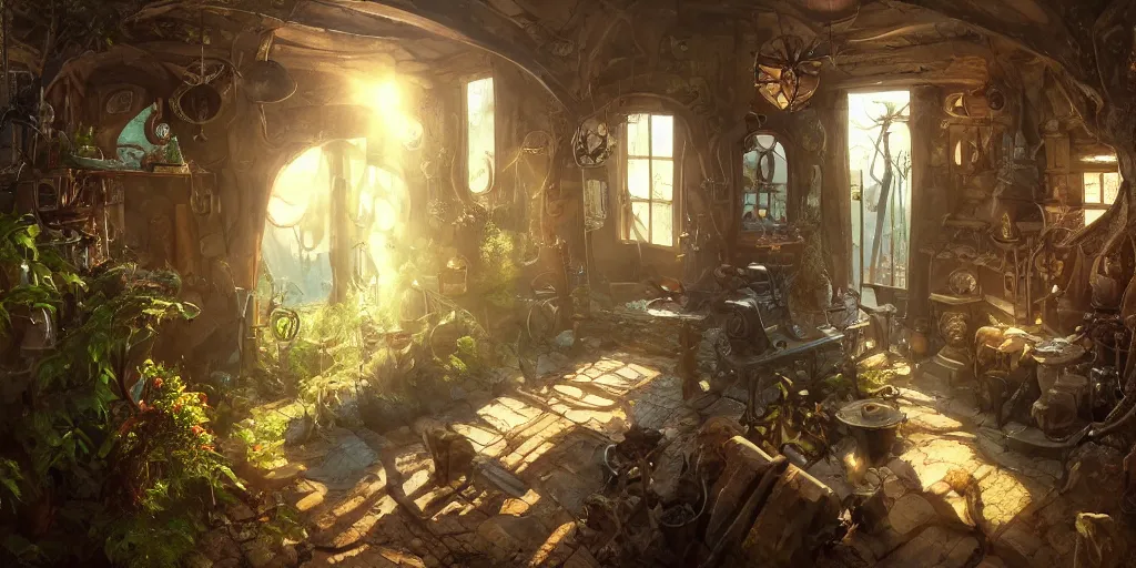 Image similar to interior of small house of an inventor, fantasy steamunk elements, barn, weird inventions, shining sun, river, magic, sunlight rays, with trees and plants around Darek Zabrocki, Karlkka, trending on Artstation, 8K