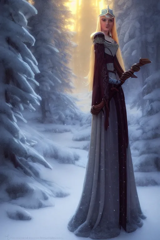 Image similar to nostalgia for a fairytale, nordic, ice, medieval maiden, long hair, tall and thin, illustration, dramatic lighting, soft details, painting, art nouveau, octane render, 8 k, hd, by edmund blair leighton, brom, charlie bowater, faces by otto schmidt