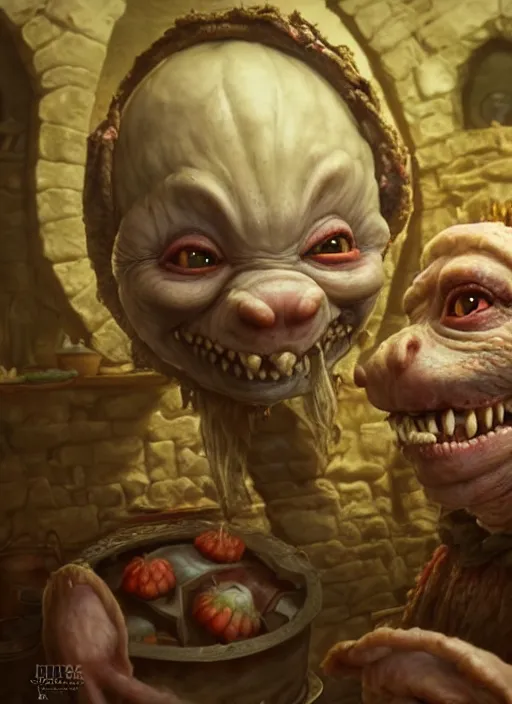 Image similar to highly detailed closeup portrait of a medieval goblin's cake kitchen, unreal engine, nicoletta ceccoli, mark ryden, earl norem, lostfish, hyung tae, frank frazetta, global illumination, detailed and intricate environment