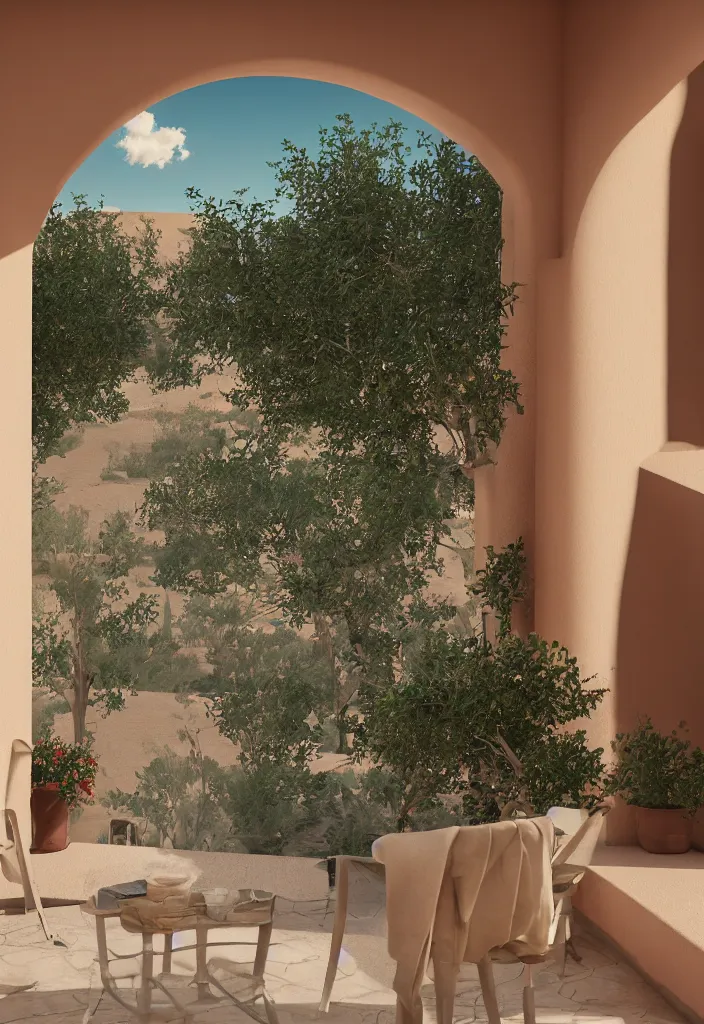 Image similar to italian balcony with a person smoking on a hot weather with desert dunes in the background, realistic, soft natural volumetric lighting, beautifully detailed 4 k octane render, 4 k post processing 8 k