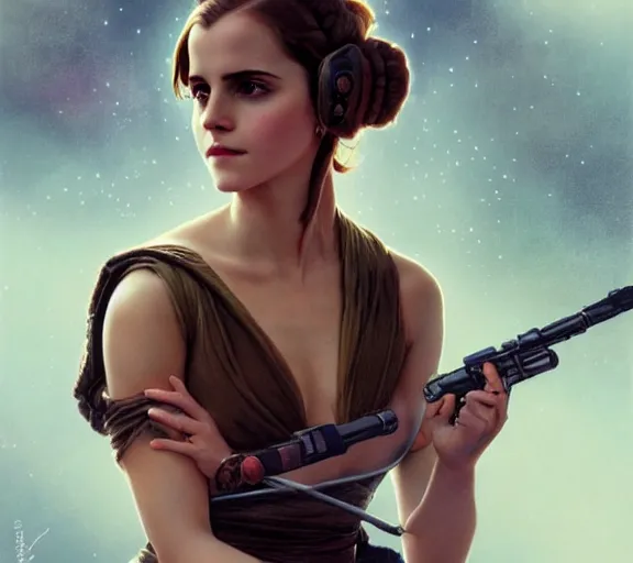 Prompt: photography of a sensual emma watson dressed like princess leia slave girl outfit star wars, deep focus, intricate, elegant, highly detailed, digital painting, artstation, concept art, matte, sharp focus, illustration, art by artgerm and greg rutkowski and alphonse mucha and gil elvgren