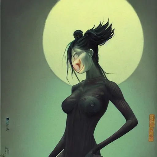 Image similar to portrait of takaonna yokai, misty night, beautiful! coherent! by brom! deep colors, strong lines, high contrast