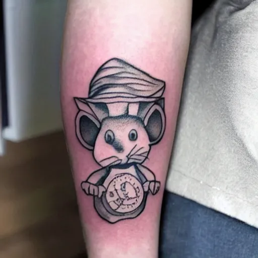 Image similar to tatoo skatch on girl's leg with cute rat reading newspapper sitting on mushroom