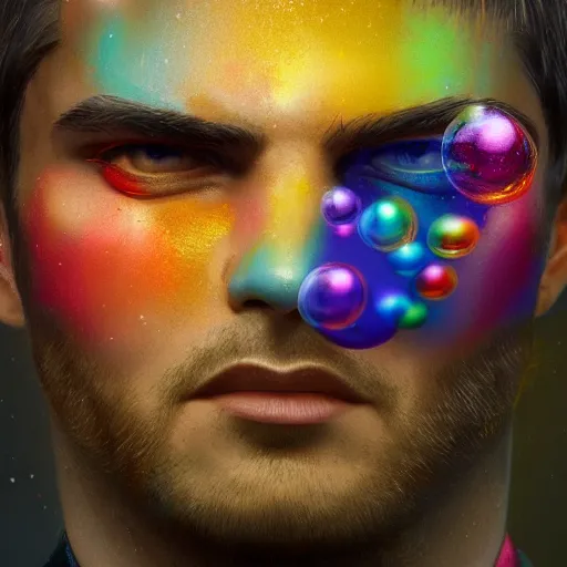 Prompt: Masculine face made of multicolored bubbles, 4k, high details, realistic surface reflections, motion blur, blur, bokeh, Affinity Photo, trending on Artstation, award-winning, art by Greg Rutkowski, by Lisa Frank