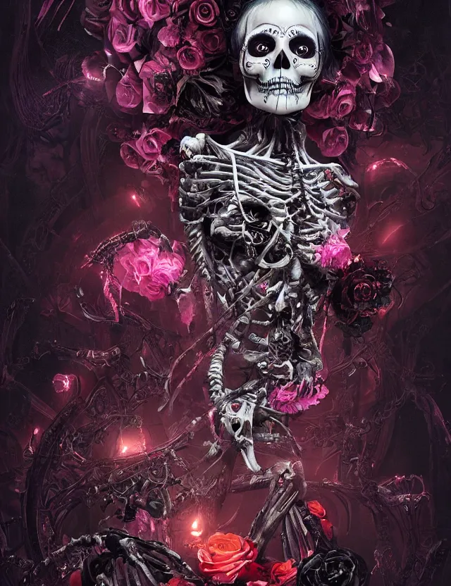 Image similar to a chaotic goddess of death skeleton as a heroine, intricate, elegant skull black rose s day of the dead atmospheric, dramatic, Trending on artstation. augmentations and cybernetic enhancements neon circuits, greg rutkowski , hyperrealist, cinema4D, 8k highly detailed