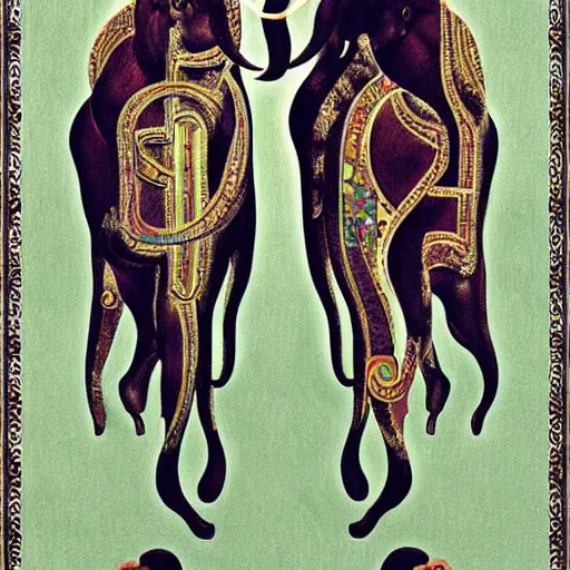 Prompt: A carpet with dancing elephants by Salvador Dali, beautiful aesthetic, trending on behance, digital illustration, custom brush, good art, perception of value