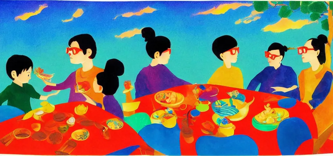 Prompt: a young asian family sitting at dining room, the table is full of food, animal figurine placing around family, garden behind the glasses, colorful sky daylight, the sky is on fire. by eric carle