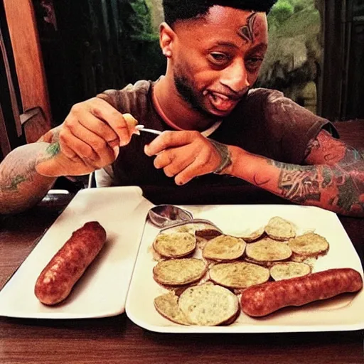 Image similar to “ 2 1 savage eating sausage, award winning pork, actual photo from 1 0 5 6 ad ”