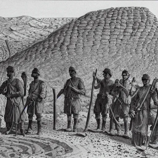 Prompt: ultra detailed photorealistic sepia - toned line drawing from 1 9 1 7, a small group of british soldiers standing with bedouin traders in traditional arab garb, at an archaeological dig site in wadi rum, ultra realistic, painted, intricate details, lovecraft, atmospheric, dark, horror, brooding, highly detailed, by clyde caldwell