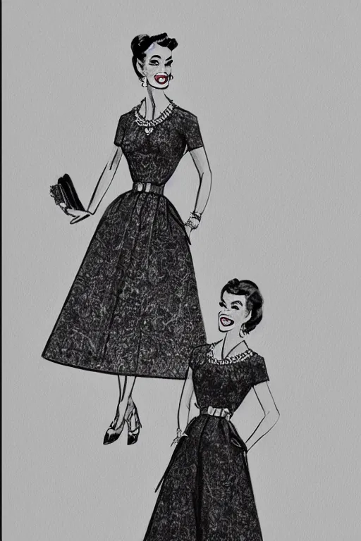 Prompt: a detailed fashion illustration of a 5 0 s hostess gown