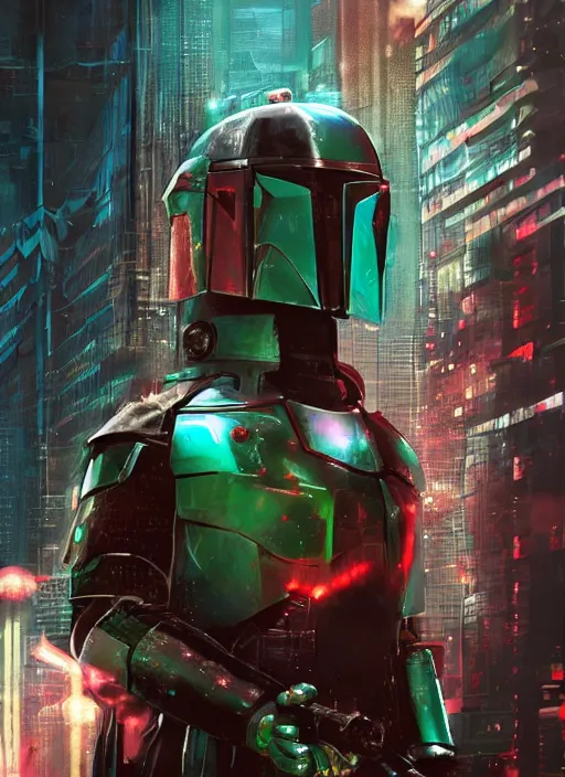 Image similar to cyberpunk cybermancer cyberpunk x boba fett, fantasy 3 d digital art, character mashup, epic volumetric lighting, combination art