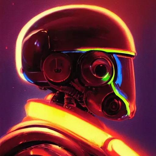 Image similar to a dark and colorful close - up side profile portrait of a sci - fi mecha robot with led lights glowing fog in the background. highly detailed science fiction painting by norman rockwell, frank frazetta, and syd mead. rich colors, high contrast, gloomy atmosphere, dark background. trending on artstation