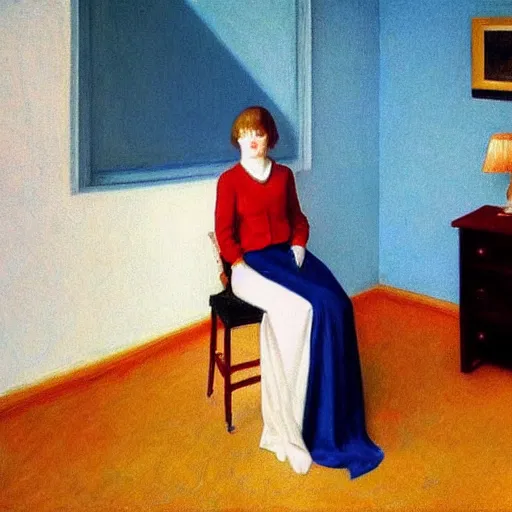 Prompt: an ivory golden young girl in a blue and red haunted liminal abandoned room, film still by edward hopper, by gottfried helnwein, by klimt, art noveau, highly detailed, strong lights, liminal, eerie, bright pastel colors,