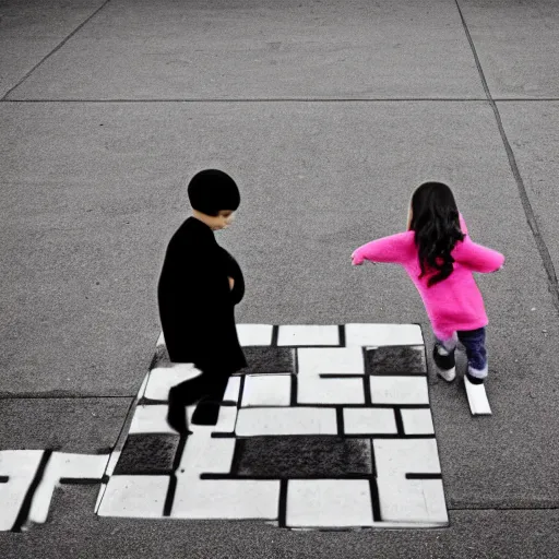 Prompt: the grim reaper losing a game of hopscotch to a little girl, photography