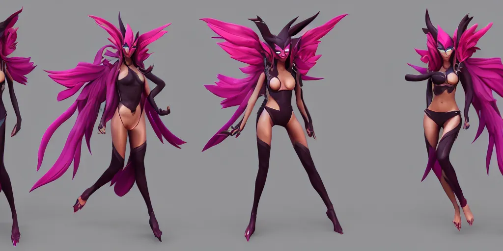 Image similar to Character sheet of gorgeous pool party xayah (League of Legends). 3d octane render trending on artstation